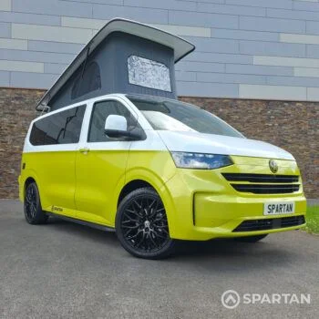 VW T7 Commerce Plus, SWB Spartan campervan conversion in Jaune Agued and Clear White. Fitted with a mobiframe bed