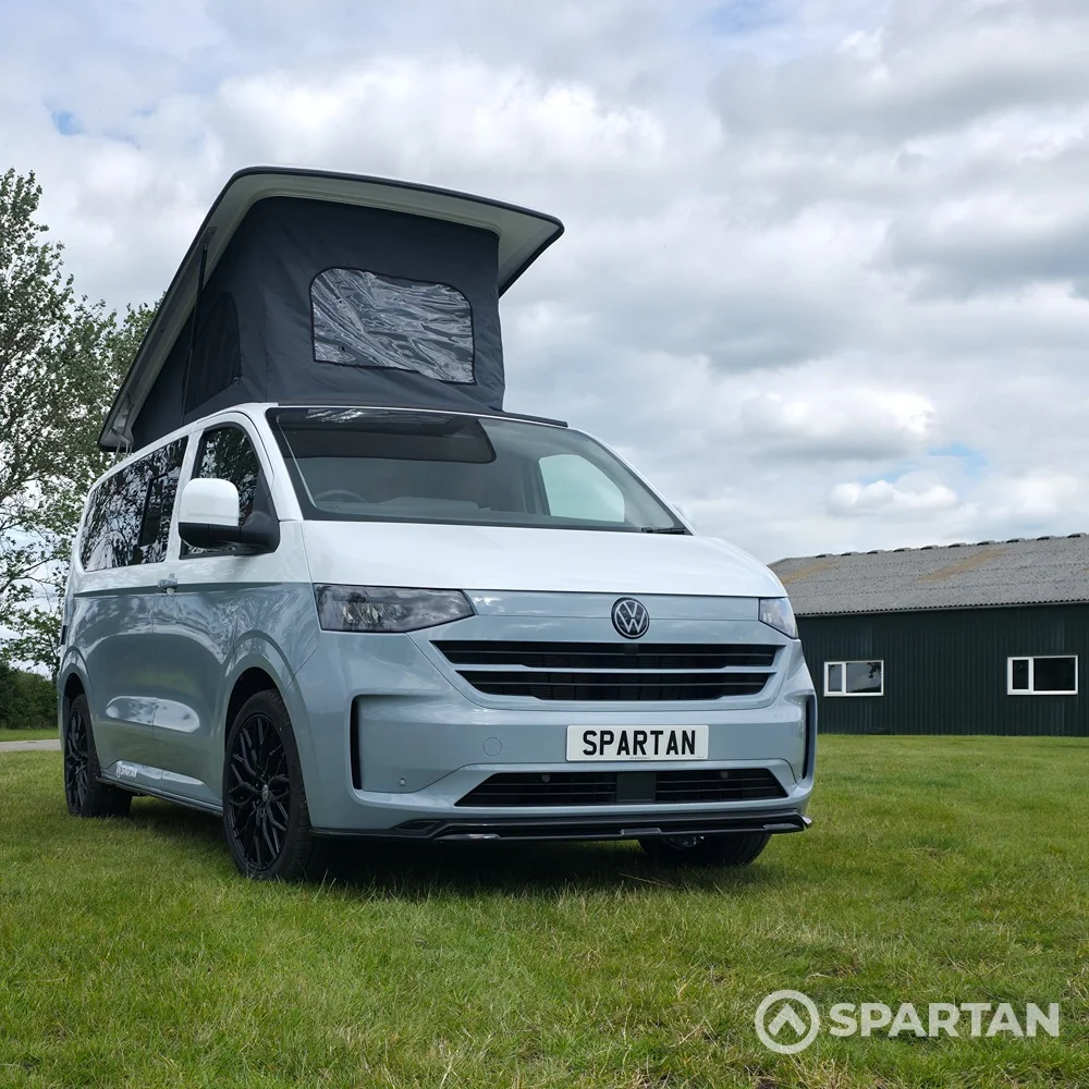 VW T7 SWB Spartan campers campervan in squirrel grey, front drivers quarter with pop top up