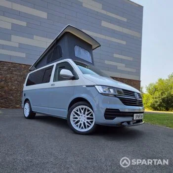 VW T6.1 SWB with full spartan conversion in Squirrel Grey & Candy White with 20" white alloy wheels