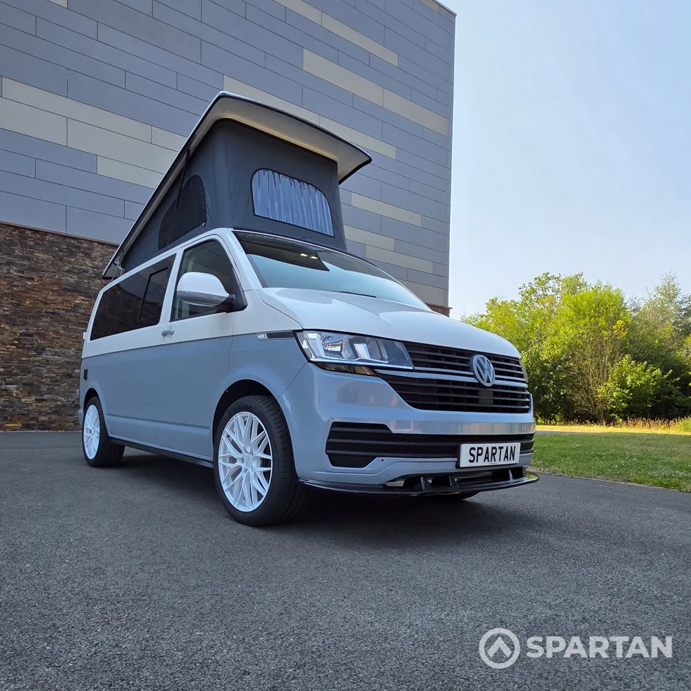 VW T6.1 SWB with full spartan conversion in Squirrel Grey & Candy White with 20" white alloy wheels